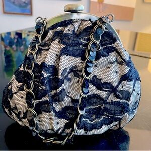 Liz Claiborne Black Lace & Sequin Evening Bag with Kiss-lock Brass Color Closure